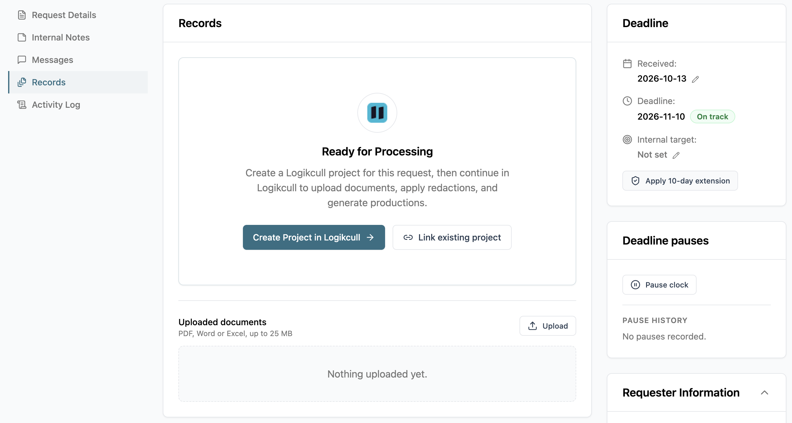 Records page ready for processing, offering project creation, document upload, and deadline management options.
